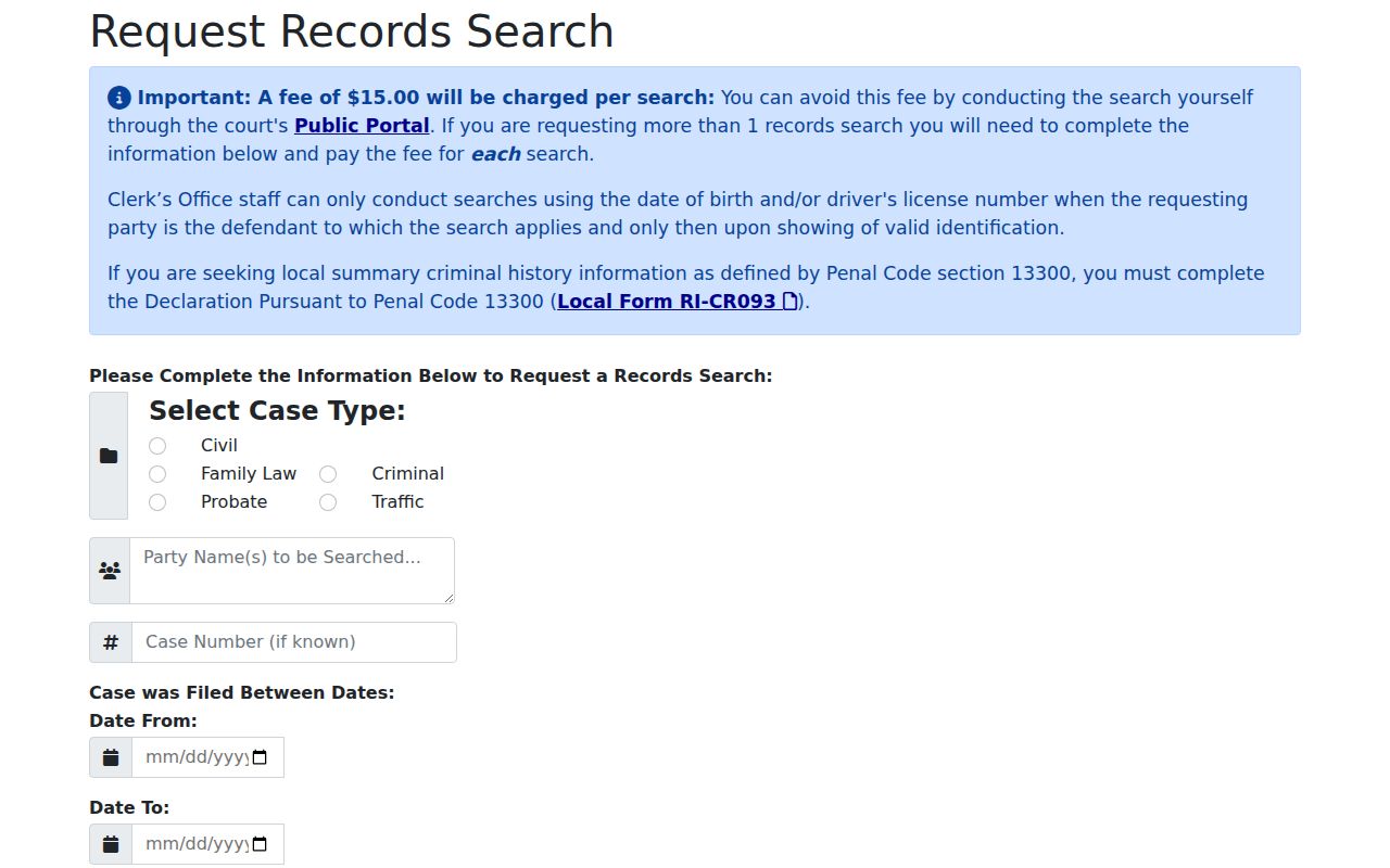 Riverside County people search court records request form