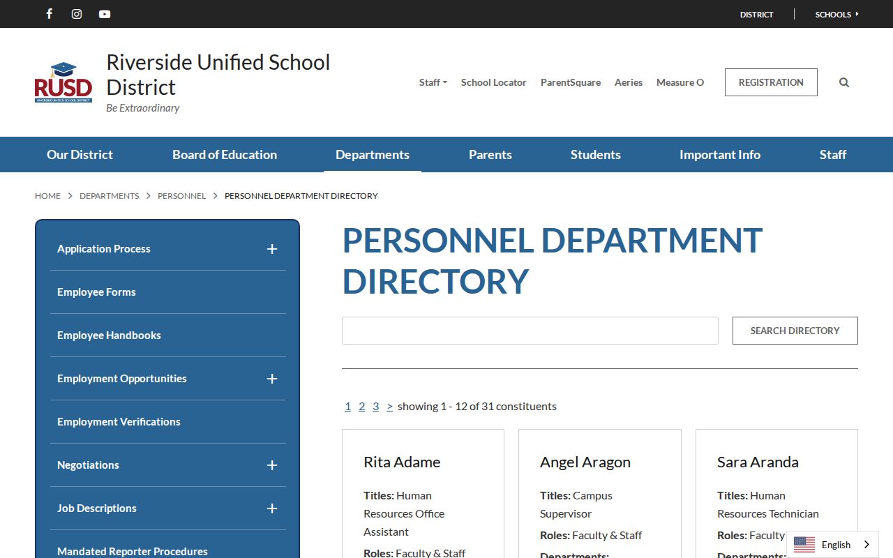 Riverside County people directories view of the RUSD personnel keyword search