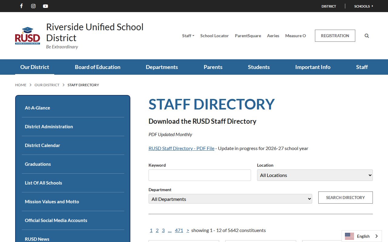 Riverside County people directories screenshot of the RUSD staff directory page