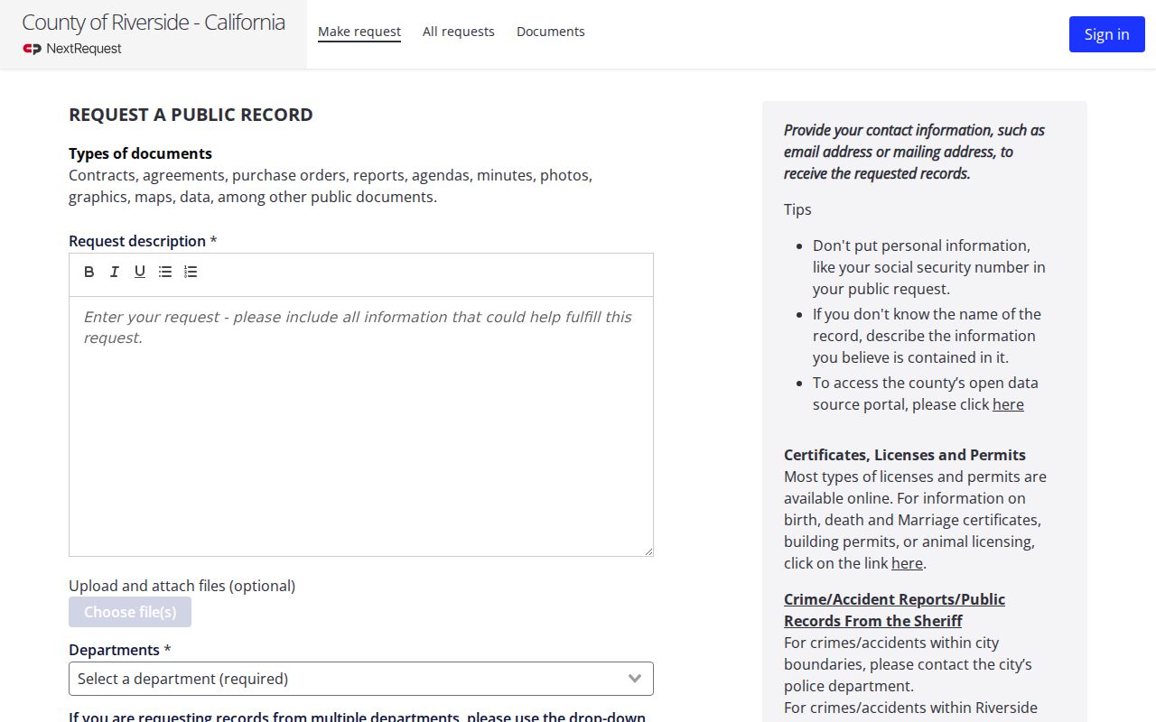 Riverside County public records request form in NextRequest