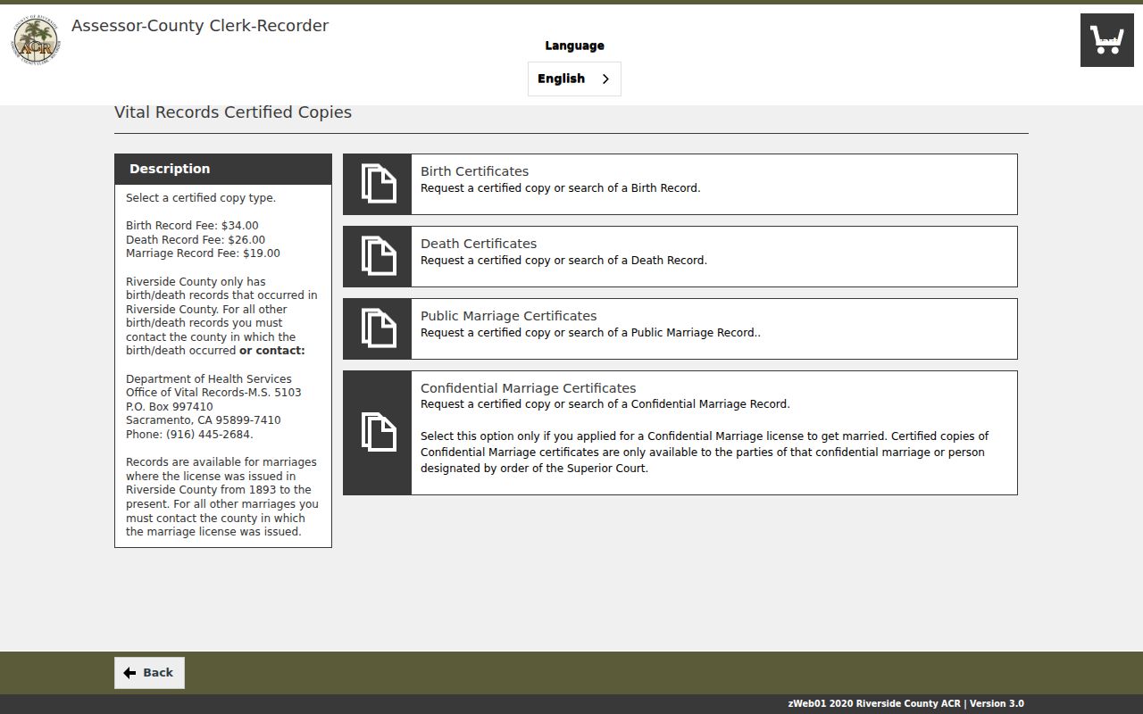 Riverside County public records vital certificate application and fee screen