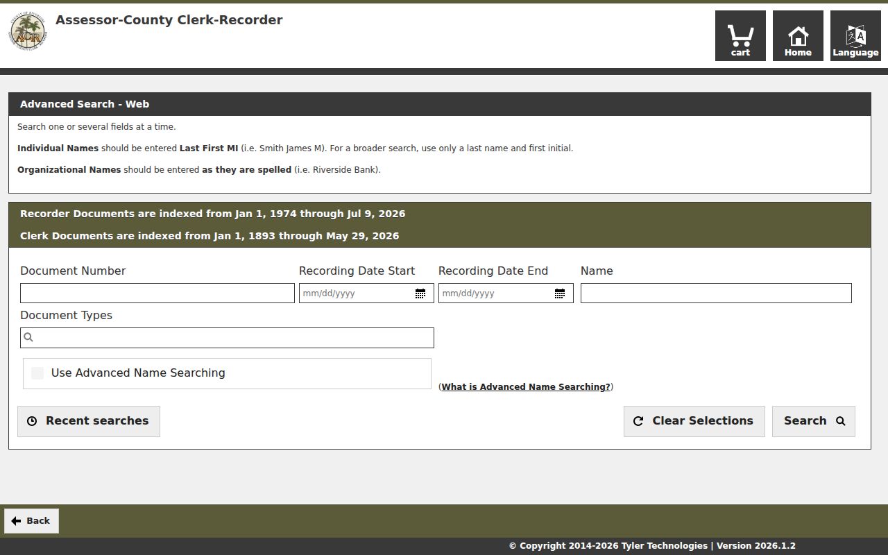Riverside County public records advanced recorder search fields