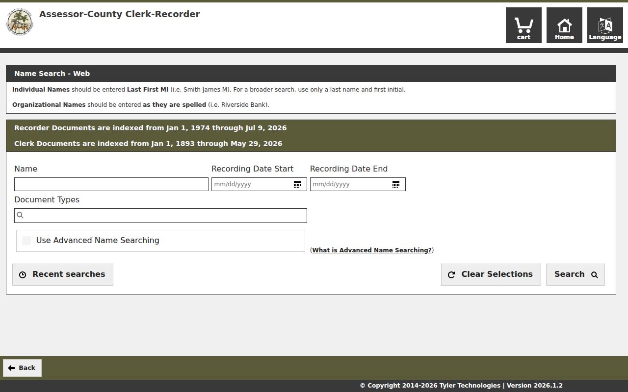 Riverside County public records recorder name search and indexed coverage dates